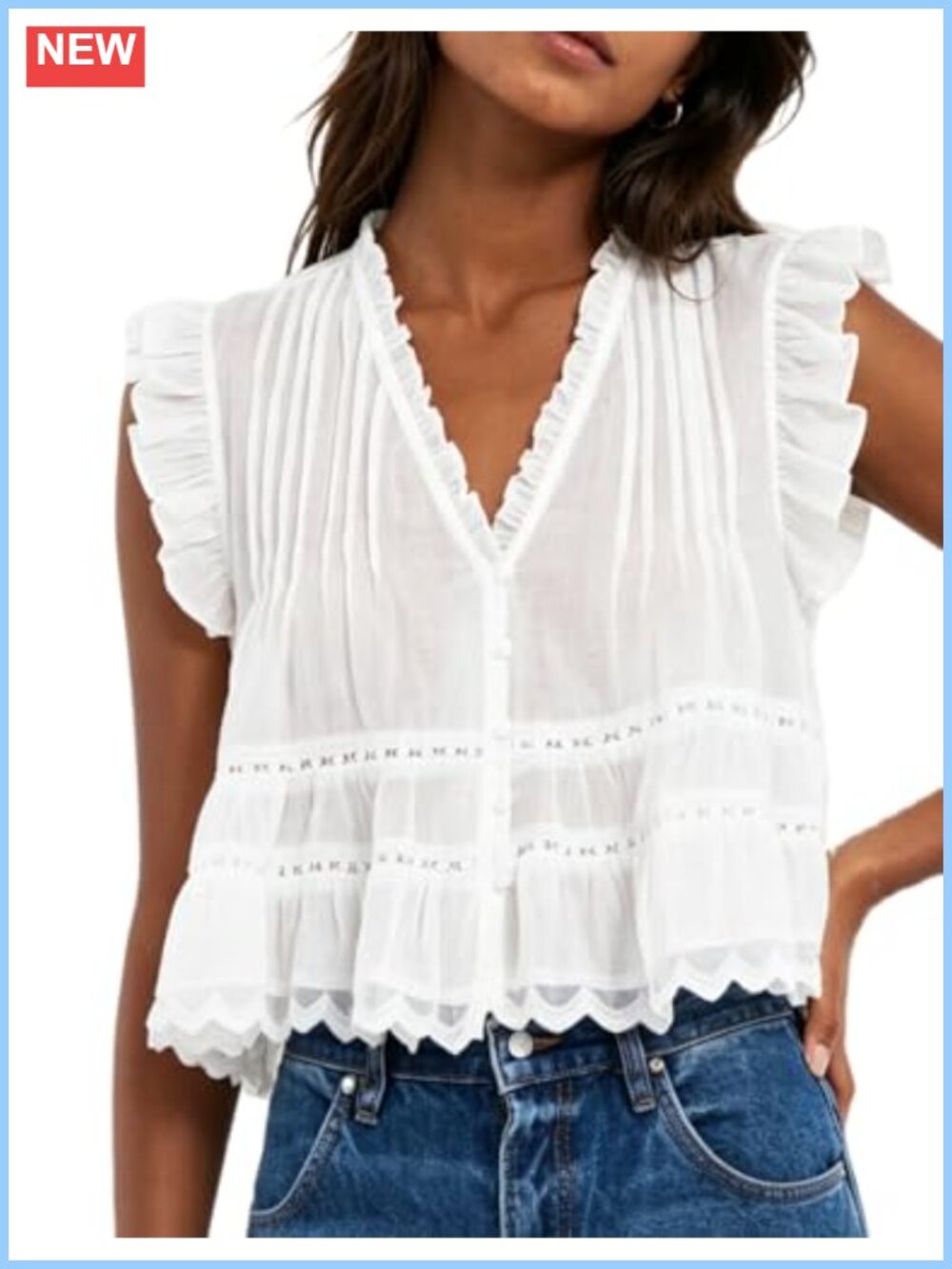 Semi Sheer Babydoll Tank Top, Ruffle V-Neck Boho Eyelet Peplum Blouse